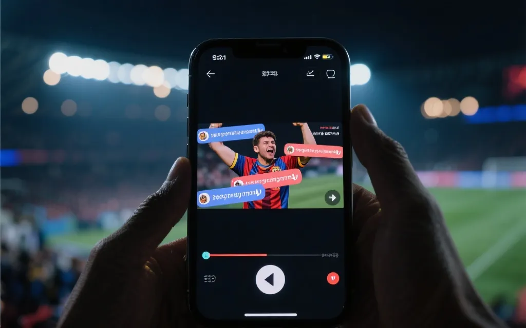 手机屏幕上滚动的球迷短视频与弹幕，口号在社交媒体上被反复转发