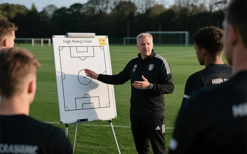 教练在训练场用战术板讲解高位逼抢触发点与边路陷阱