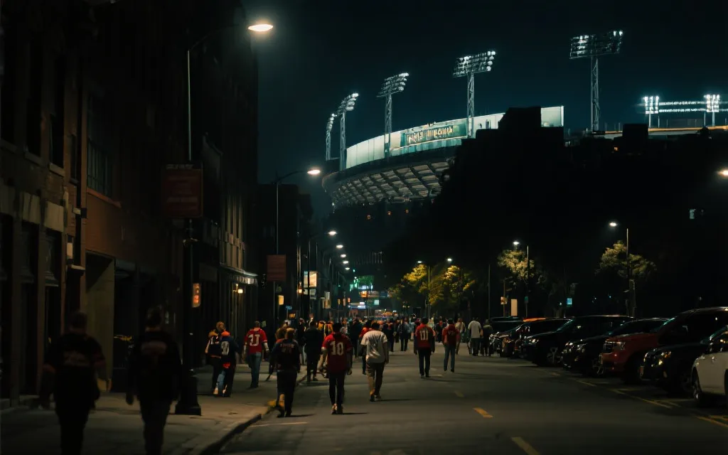 球迷从远端停车点步行或接驳前往球场的夜间城市氛围