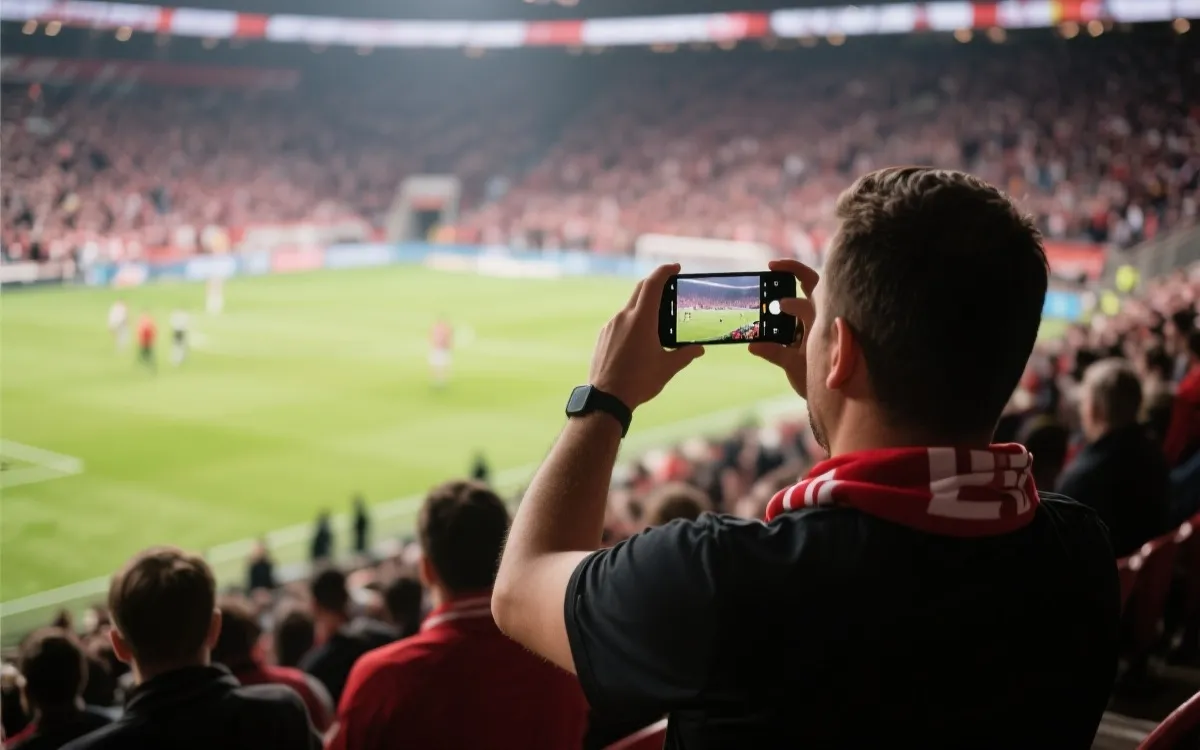 球迷在球场看台上拍摄比赛与人海氛围的构图示意