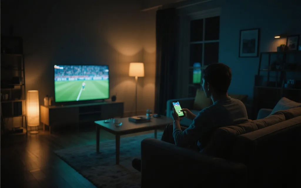 夜晚客厅看球场景，电视与手机同步播放，氛围感强
