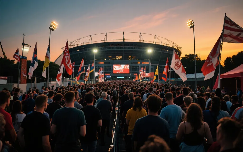 球迷在球场外排队入场，夕阳与灯光交织，沉浸式现场氛围